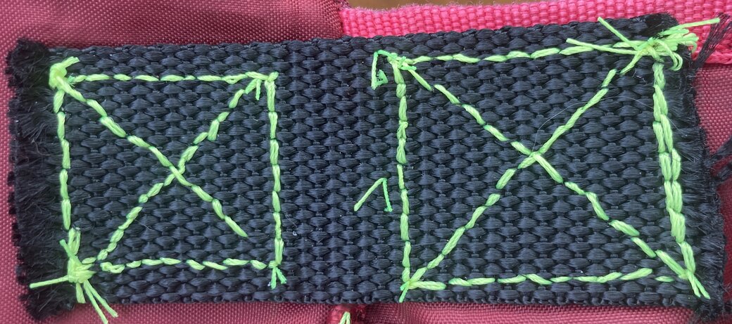 Outside of bag showing two complete figure eight patterns for stitching the strap and bag